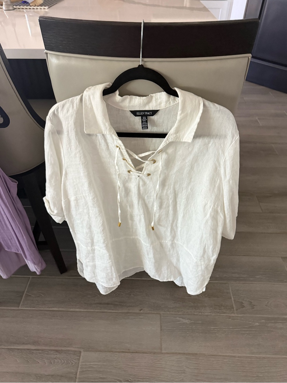 Ellen Tracy White Lace-Up Collared Tunic Top
